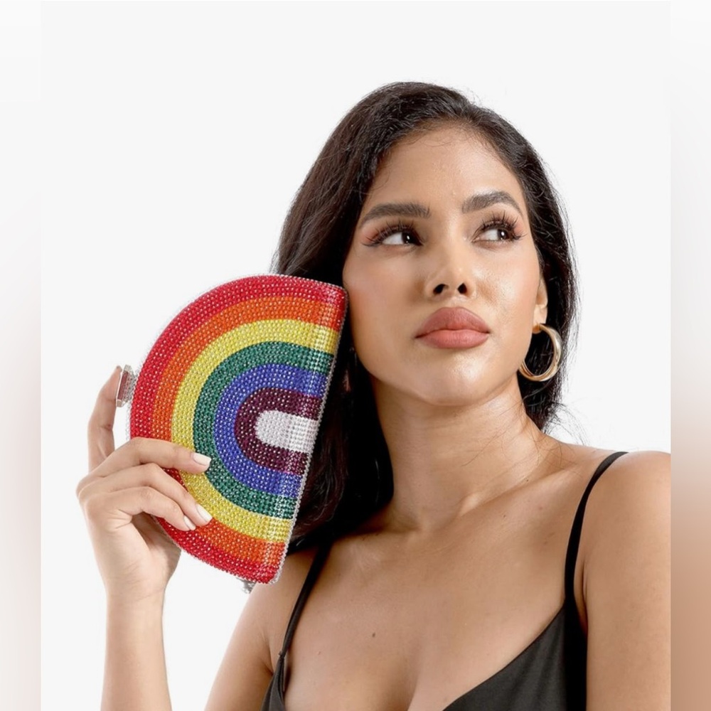 Women’s Rainbow Colorful Crystal Rhinestone Gem Clutch Purse Novelty Mini Bag - Picture 7 of 9